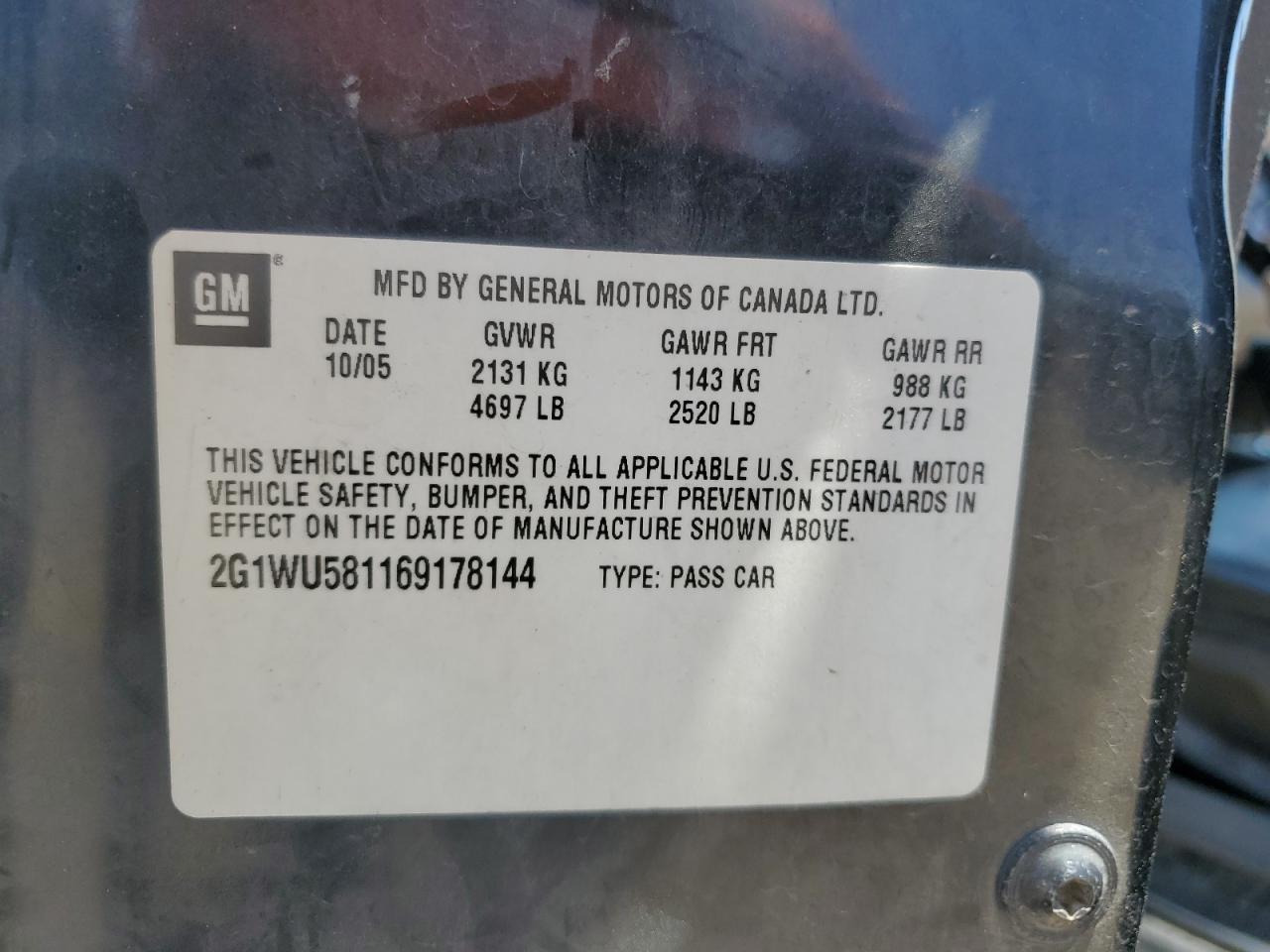 2006 Chevrolet Impala Ltz VIN: 2G1WU581169178144 Lot: 60332085