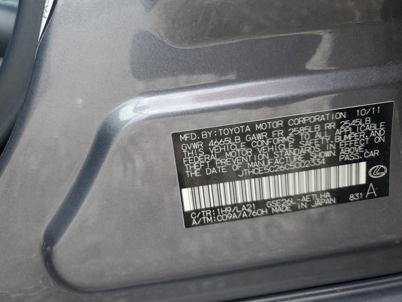 2012 Lexus Is 350 VIN: JTHCE5C26C5002334 Lot: 62225635