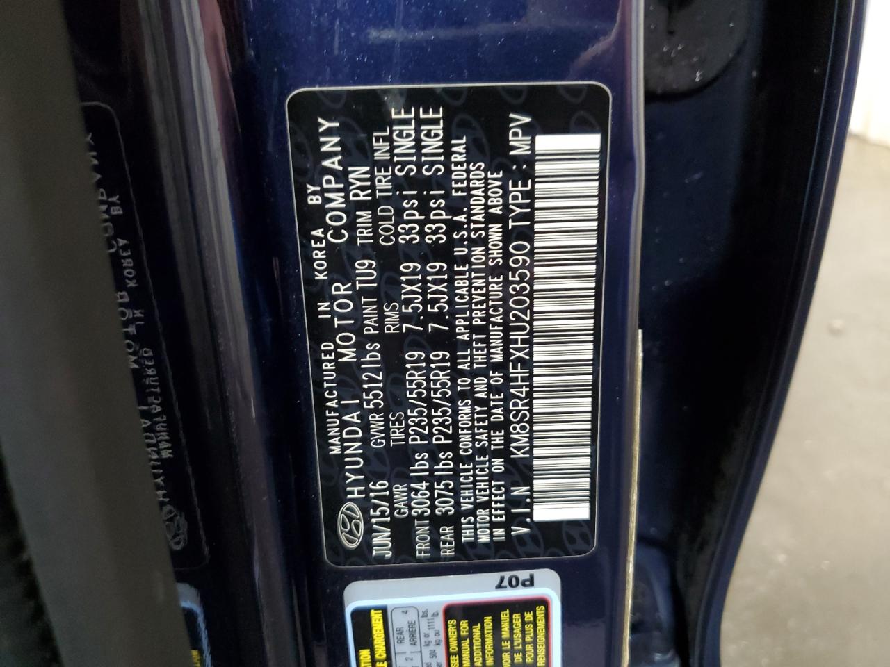 2017 Hyundai Santa Fe Se Ultimate VIN: KM8SR4HFXHU203590 Lot: 60703305