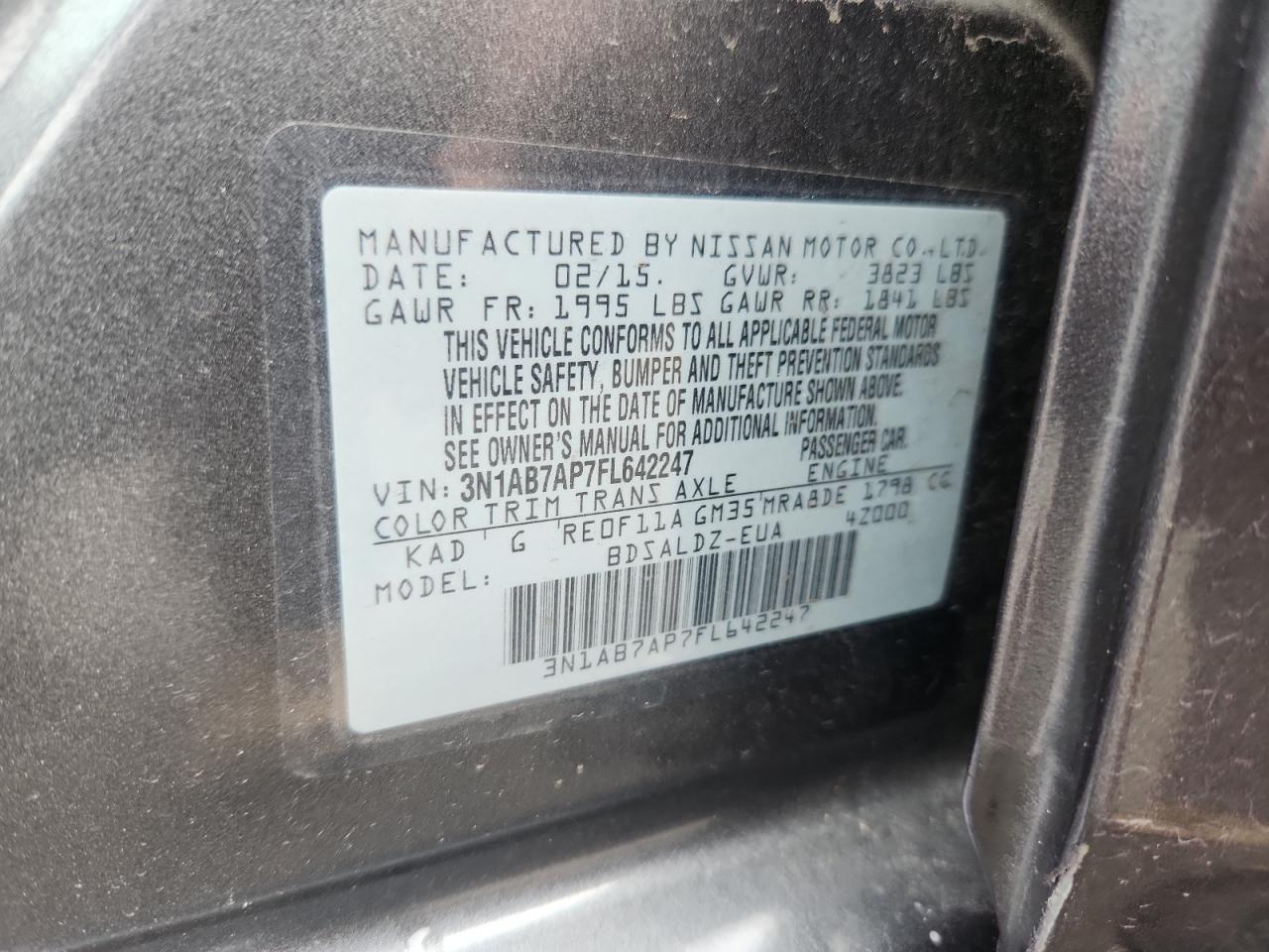 2015 Nissan Sentra S VIN: 3N1AB7AP7FL642247 Lot: 62667925