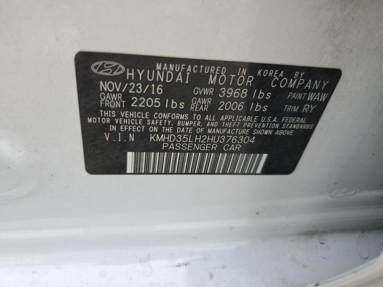 HYUNDAI ELANTRA 2017 VIN KMHD35LH2HU376304 zdjęcie 13