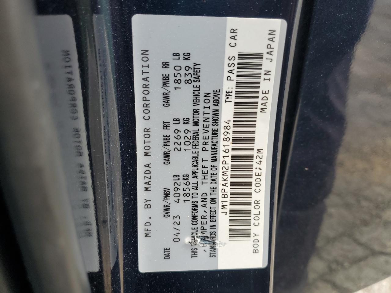 2023 Mazda 3 Select VIN: JM1BPAKM2P1618984 Lot: 63008105