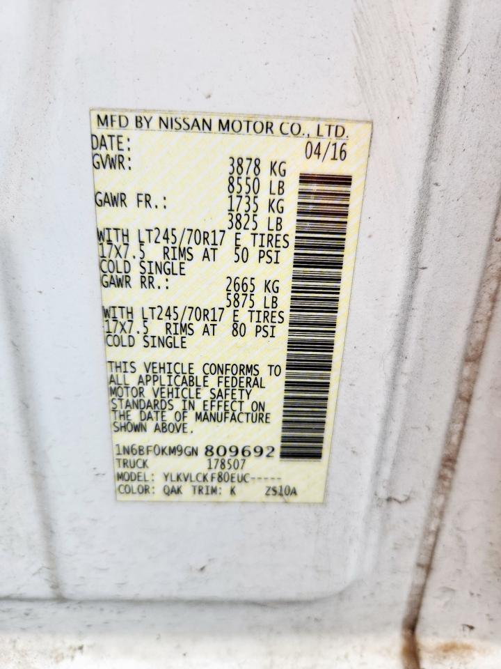 2016 Nissan Nv 1500 S VIN: 1N6BF0KM9GN809692 Lot: 59725295
