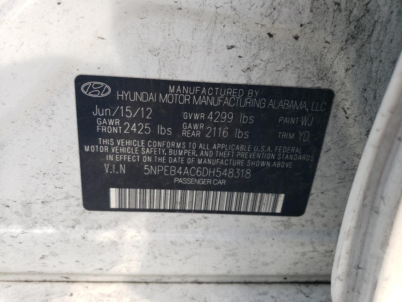 2013 Hyundai Sonata Gls VIN: 5NPEB4AC6DH548318 Lot: 60709315