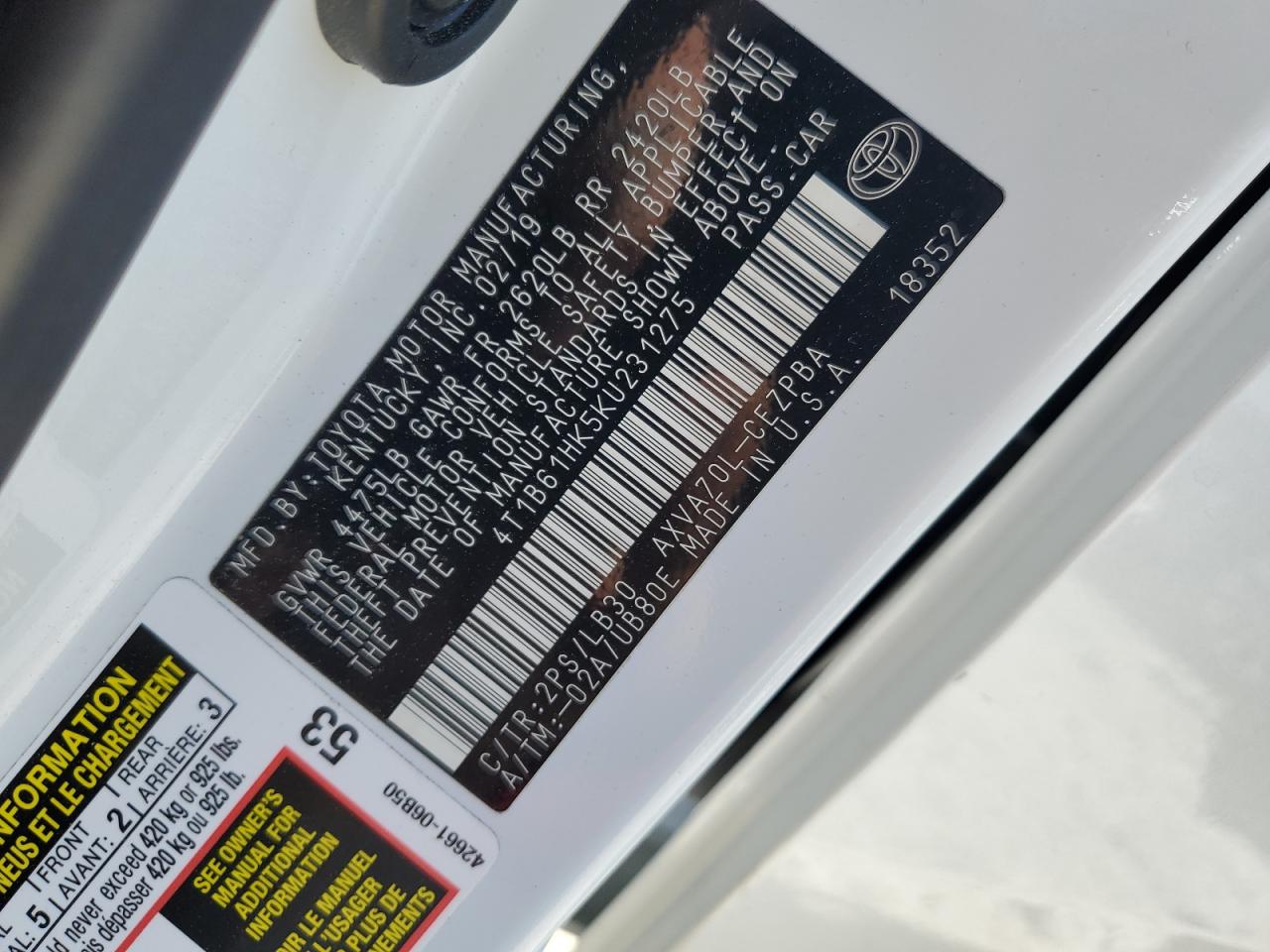 2019 Toyota Camry Xse VIN: 4T1B61HK5KU231275 Lot: 62568365