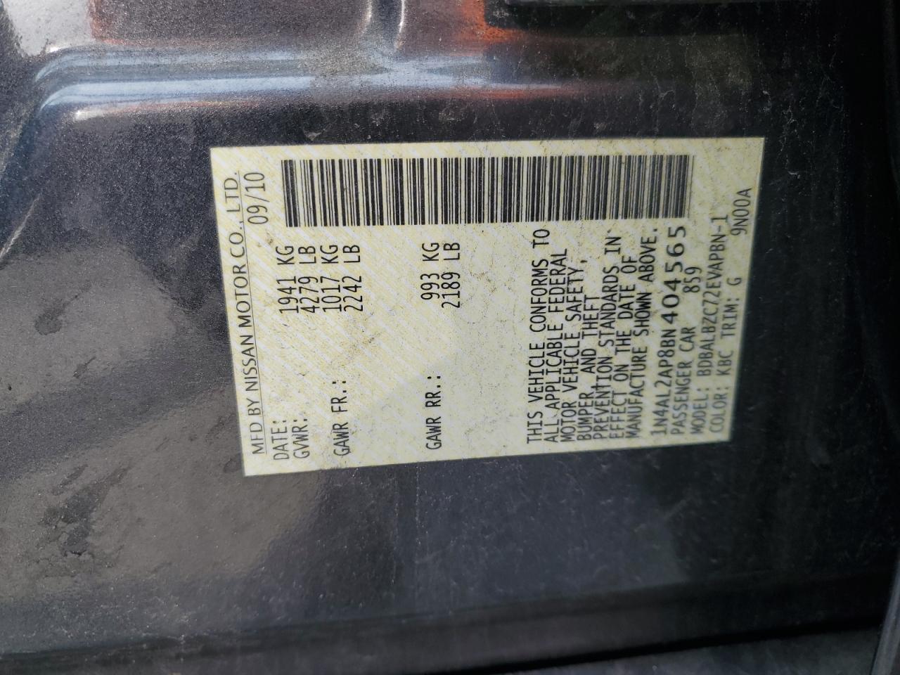 2011 Nissan Altima Base VIN: 1N4AL2AP8BN404565 Lot: 58408905
