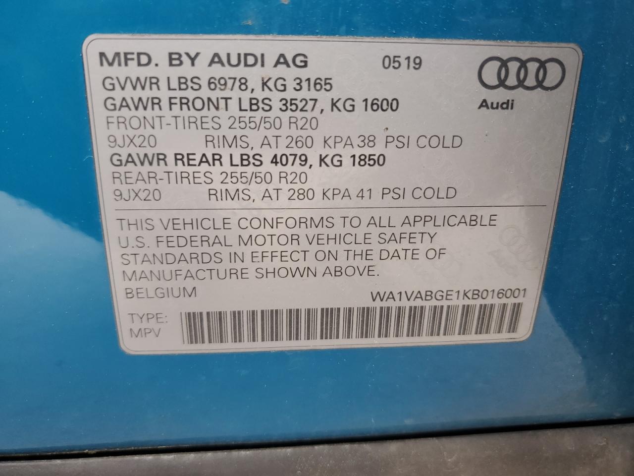2019 Audi E-Tron Prestige VIN: WA1VABGE1KB016001 Lot: 61597095