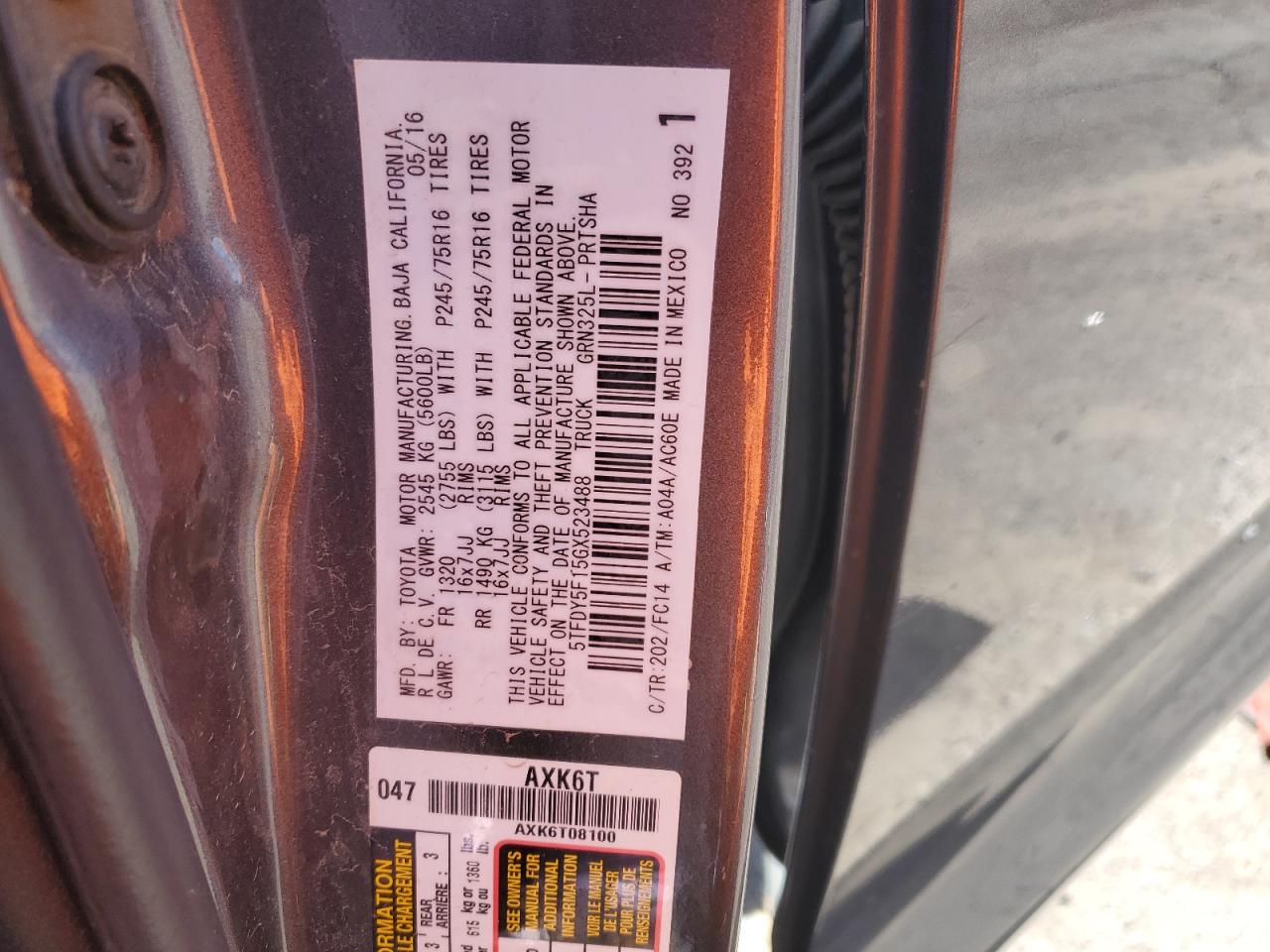 2016 Toyota Tundra Crewmax Sr5 VIN: 5TFDY5F15GX523488 Lot: 61931295