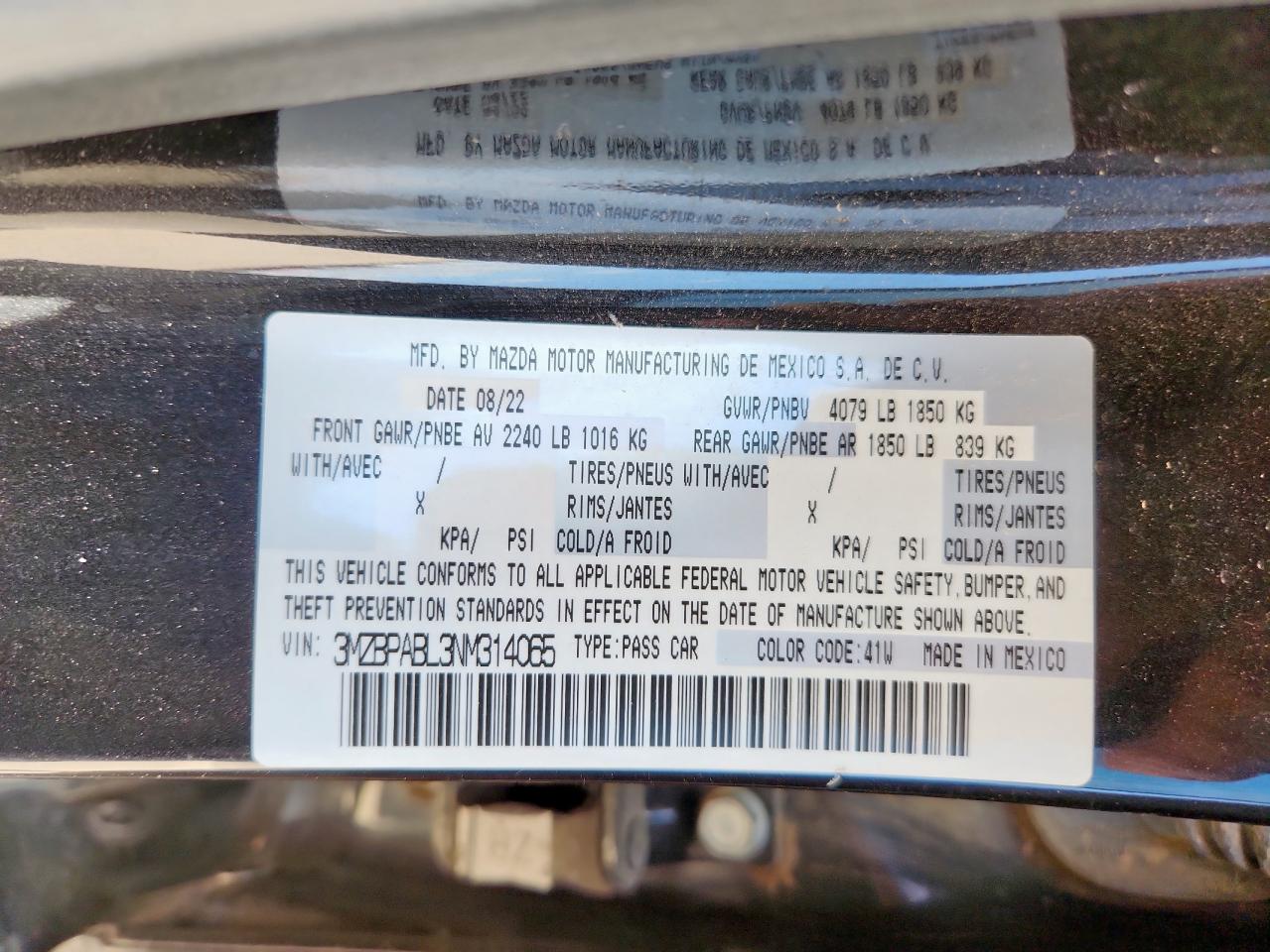2022 Mazda 3 Select VIN: 3MZBPABL3NM314065 Lot: 61404005