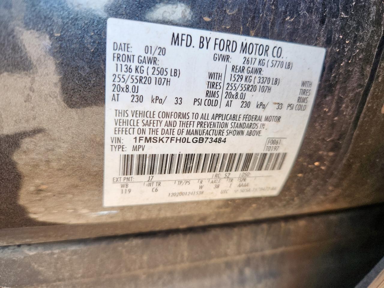 2020 Ford Explorer Limited VIN: 1FMSK7FH0LGB73484 Lot: 62210645