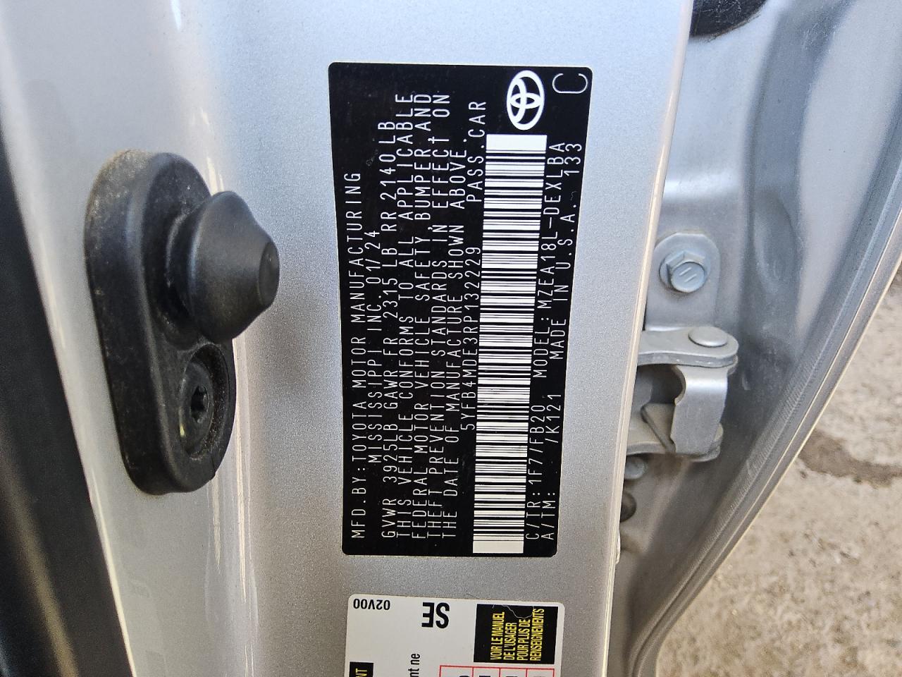 2024 Toyota Corolla Le VIN: 5YFB4MDE3RP132229 Lot: 63112285