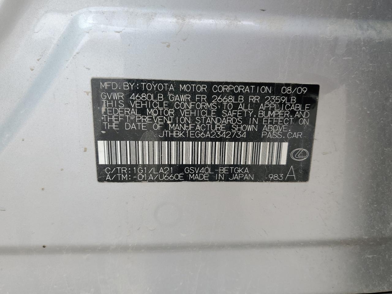 2010 Lexus Es 350 VIN: JTHBK1EG6A2342734 Lot: 60346605