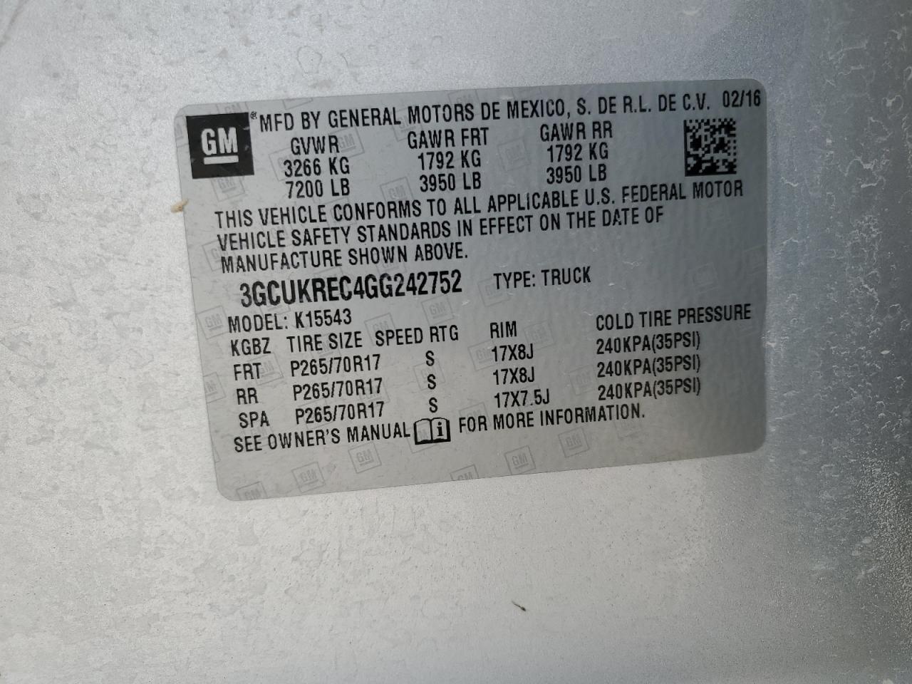 2016 Chevrolet Silverado K1500 Lt VIN: 3GCUKREC4GG242752 Lot: 59305565