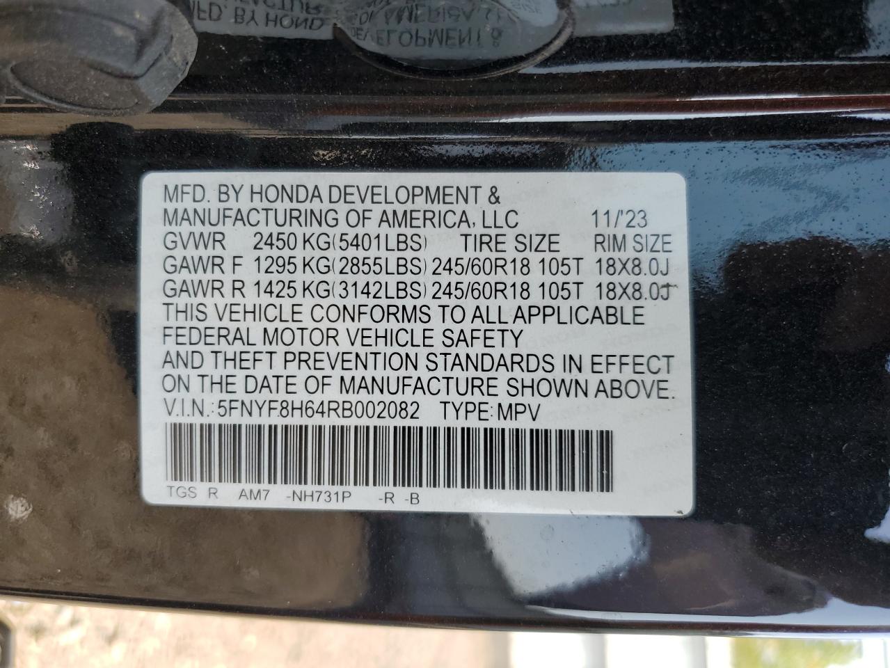 2024 Honda Passport Trail Sport VIN: 5FNYF8H64RB002082 Lot: 59617845