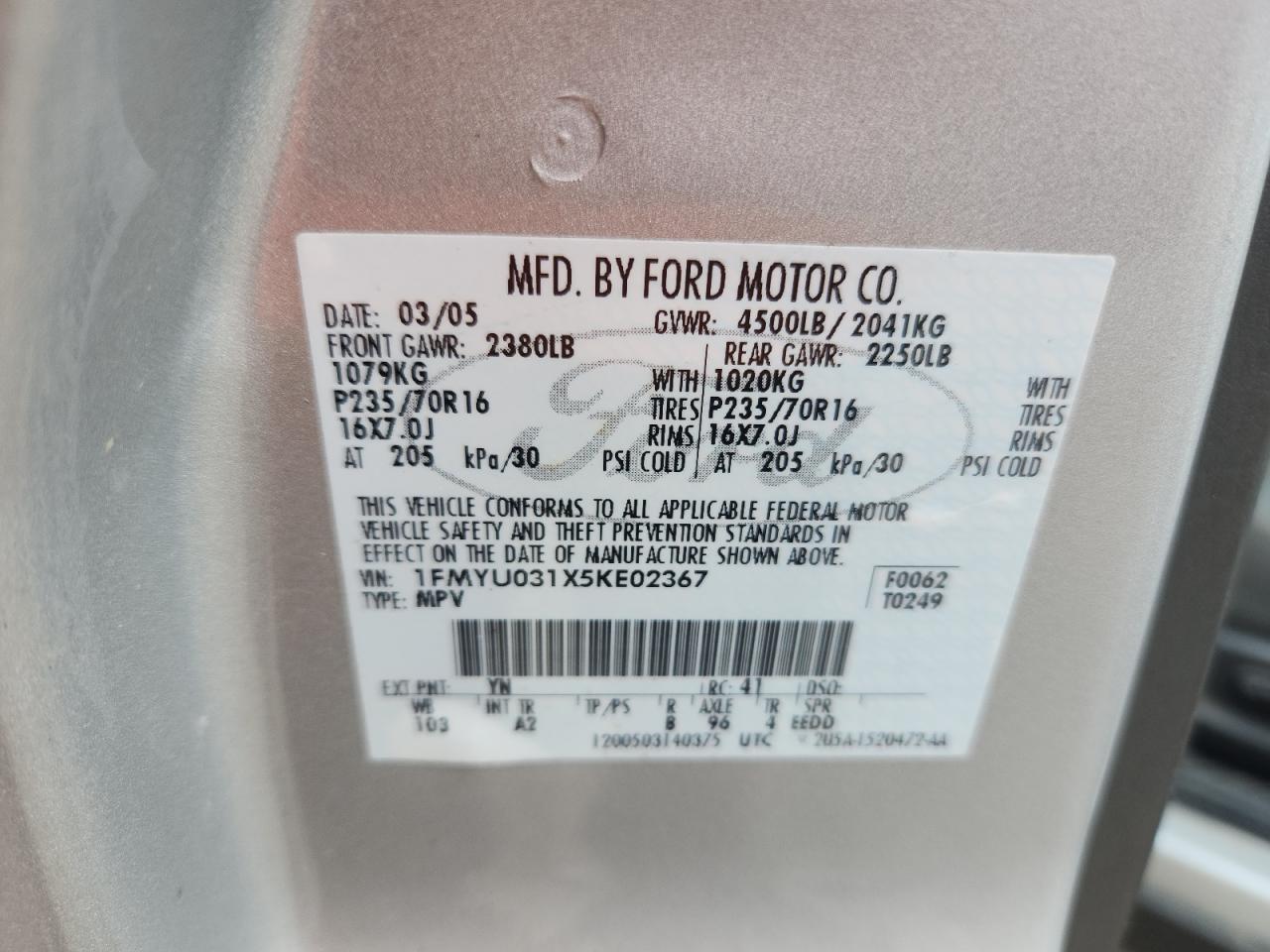 2005 Ford Escape Xlt VIN: 1FMYU031X5KE02367 Lot: 62699145