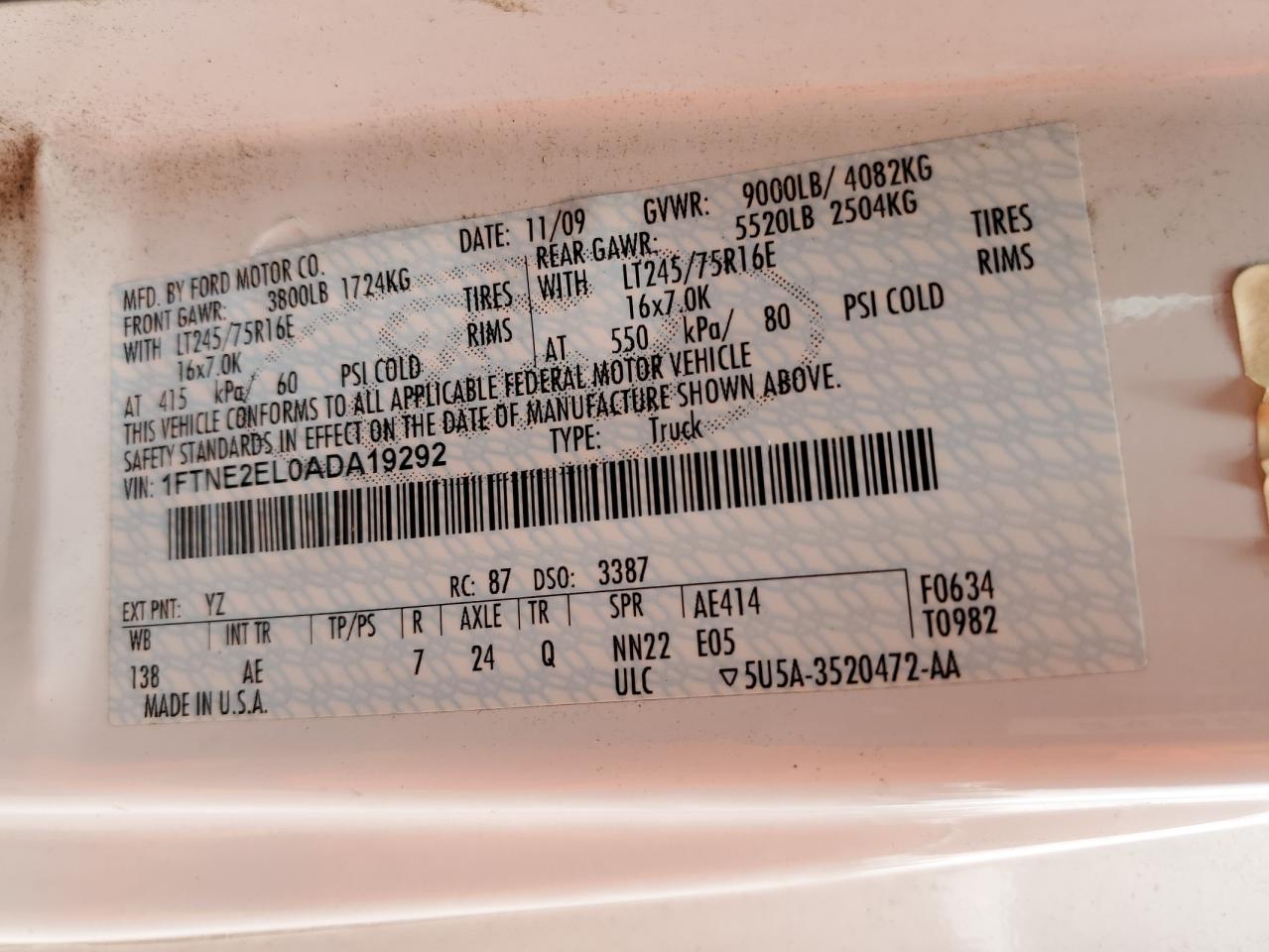 2010 Ford Econoline E250 Van VIN: 1FTNE2EL0ADA19292 Lot: 59618305