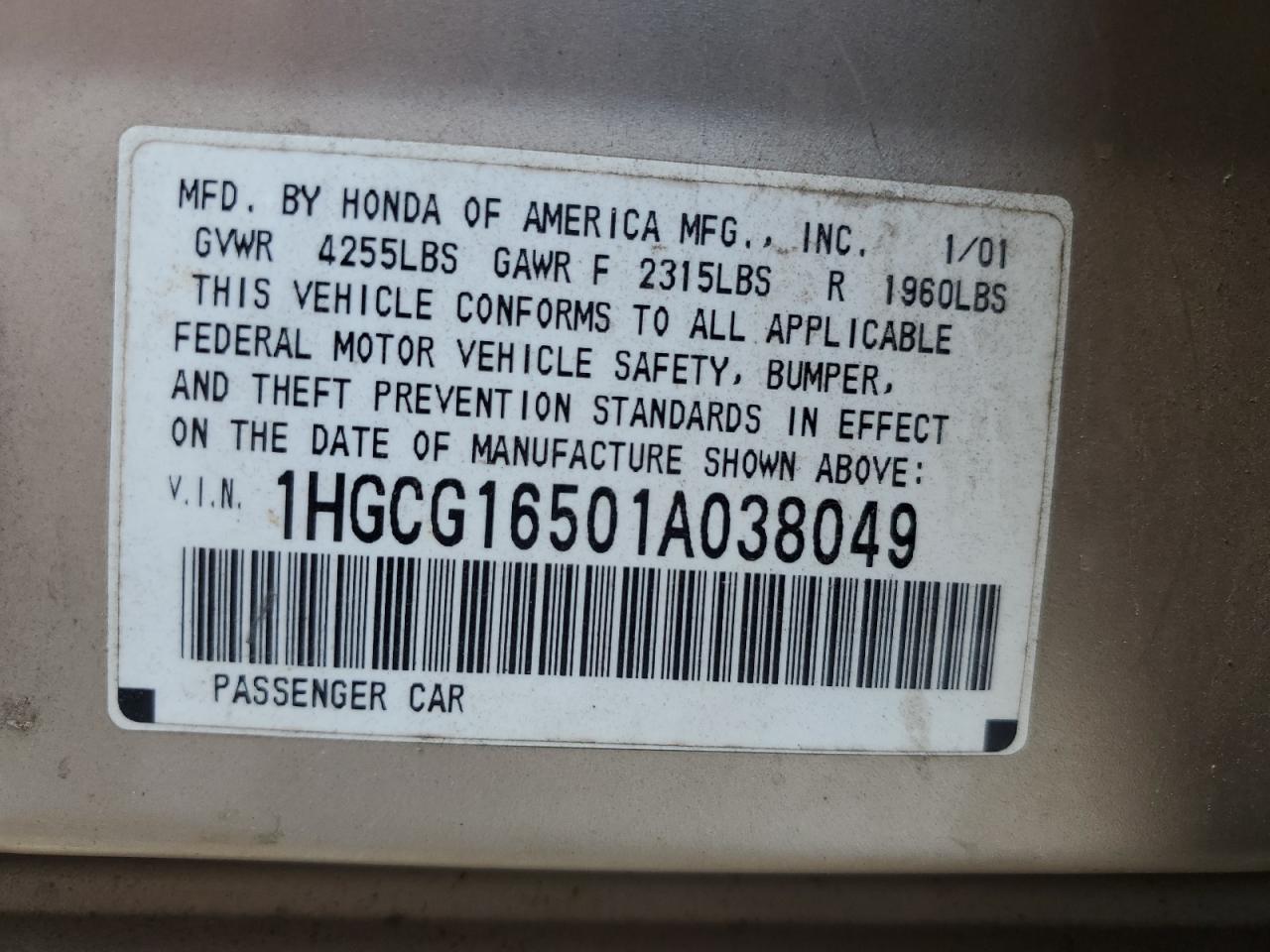 2001 Honda Accord Ex VIN: 1HGCG16501A038049 Lot: 62311375