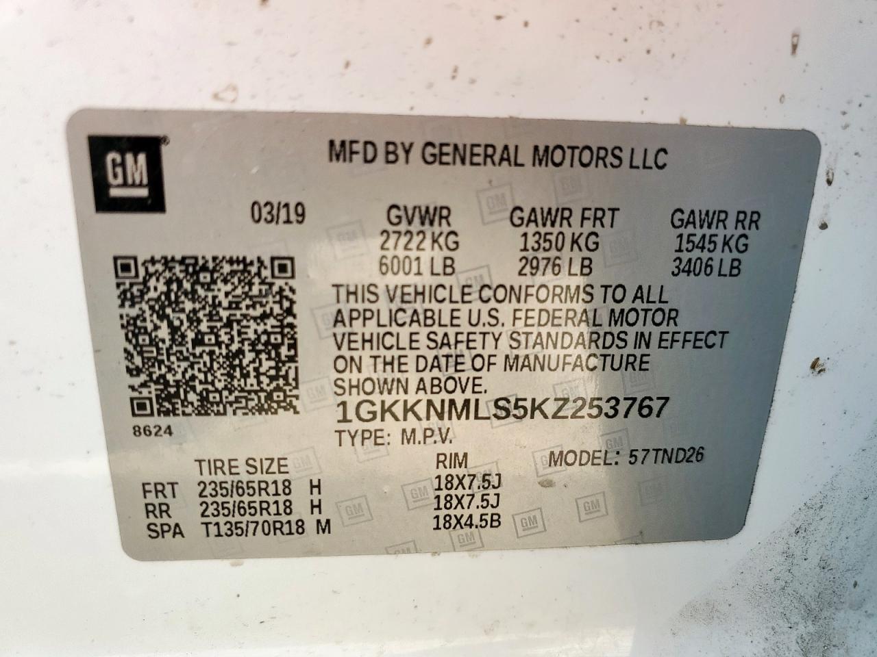 2019 GMC Acadia Slt-1 VIN: 1GKKNMLS5KZ253767 Lot: 62783265