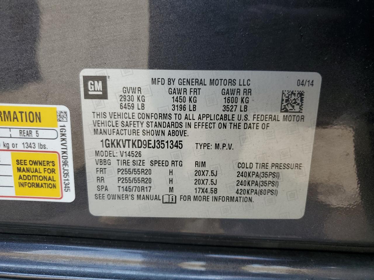 2014 GMC Acadia Denali VIN: 1GKKVTKD9EJ351345 Lot: 62833425