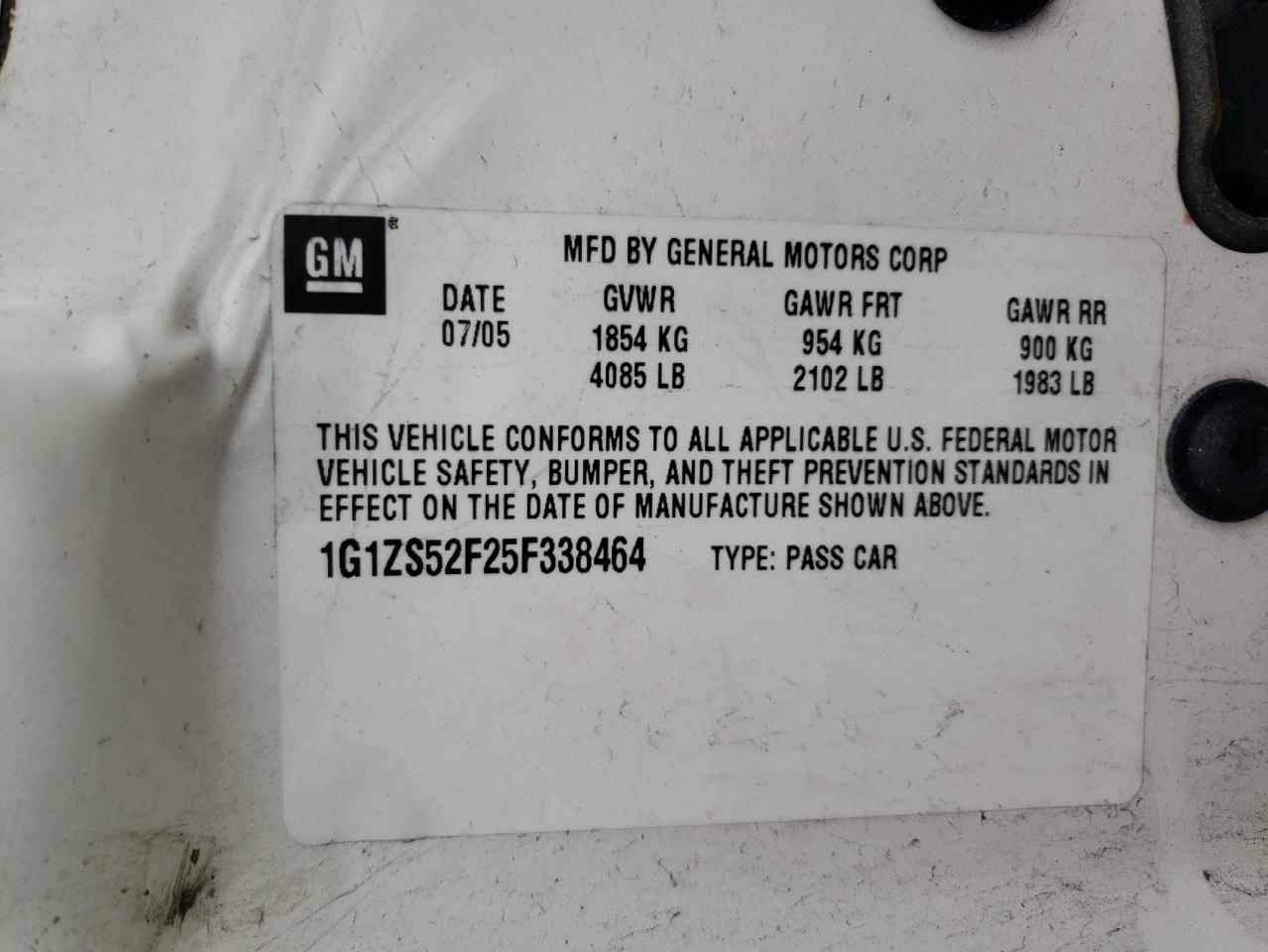 2005 Chevrolet Malibu VIN: 1G1ZS52F25F338464 Lot: 60028975