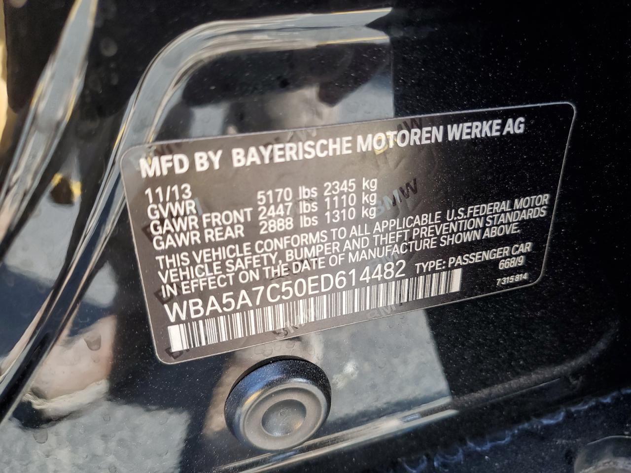 BMW 5 SERIES 2014 VIN WBA5A7C50ED614482 фото 12