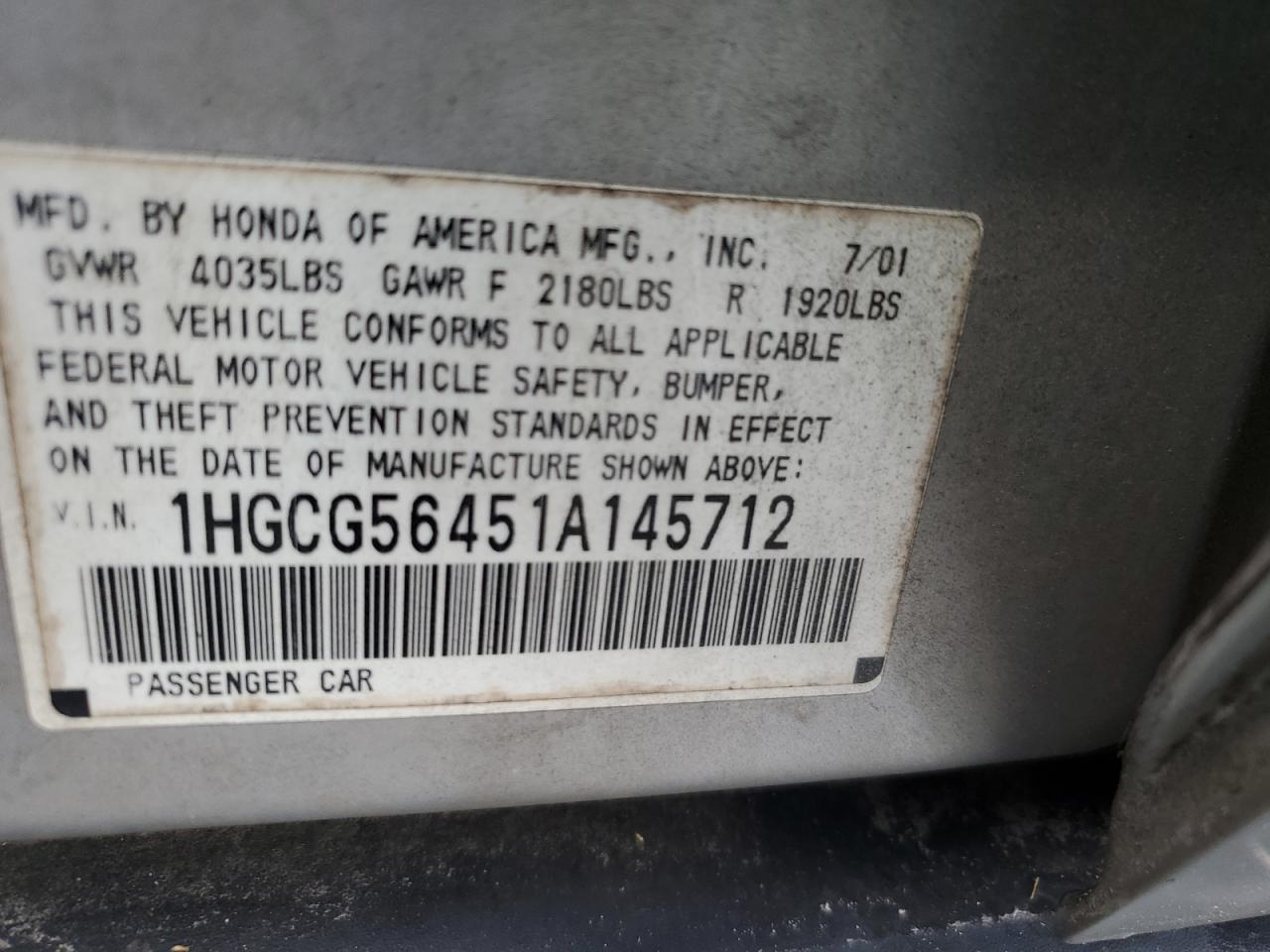 2001 Honda Accord Lx VIN: 1HGCG56451A145712 Lot: 59156905