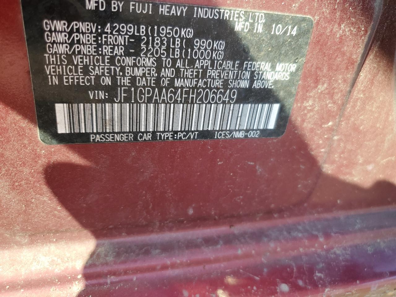 2015 Subaru Impreza VIN: JF1GPAA64FH206649 Lot: 61361525