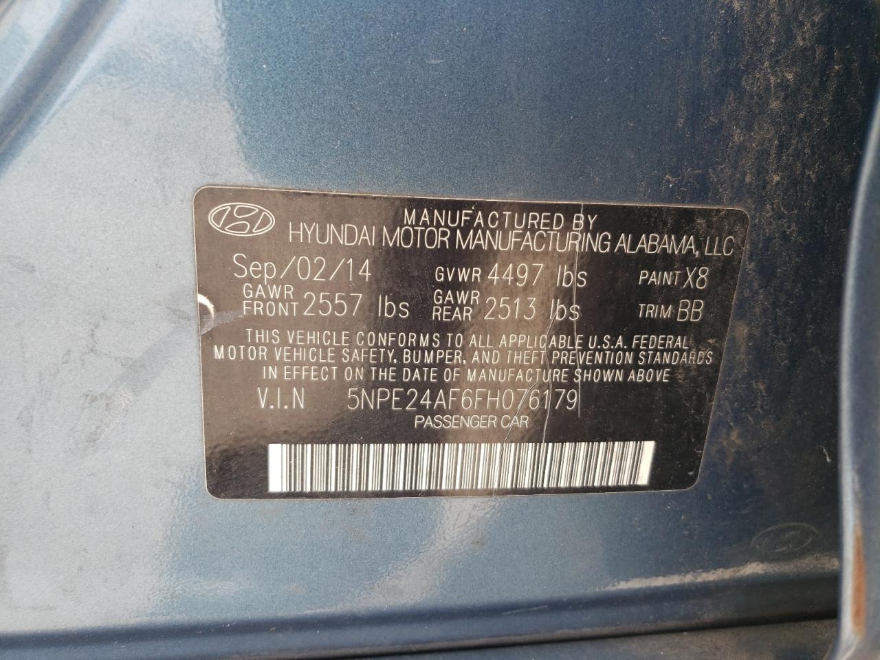 2015 Hyundai Sonata Se VIN: 5NPE24AF6FH076179 Lot: 60251705