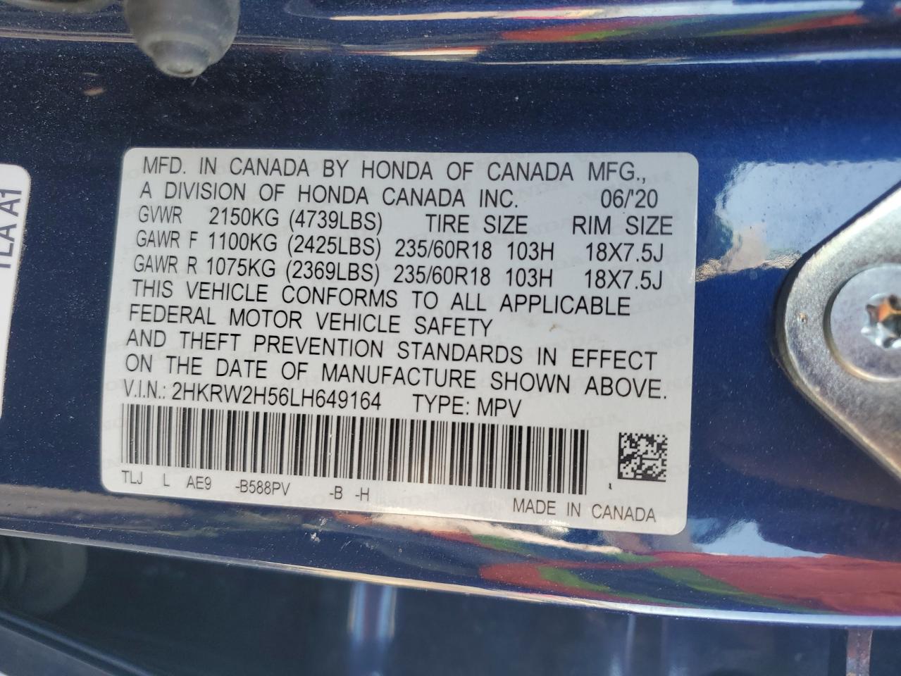 2020 Honda Cr-V Ex VIN: 2HKRW2H56LH649164 Lot: 63026375