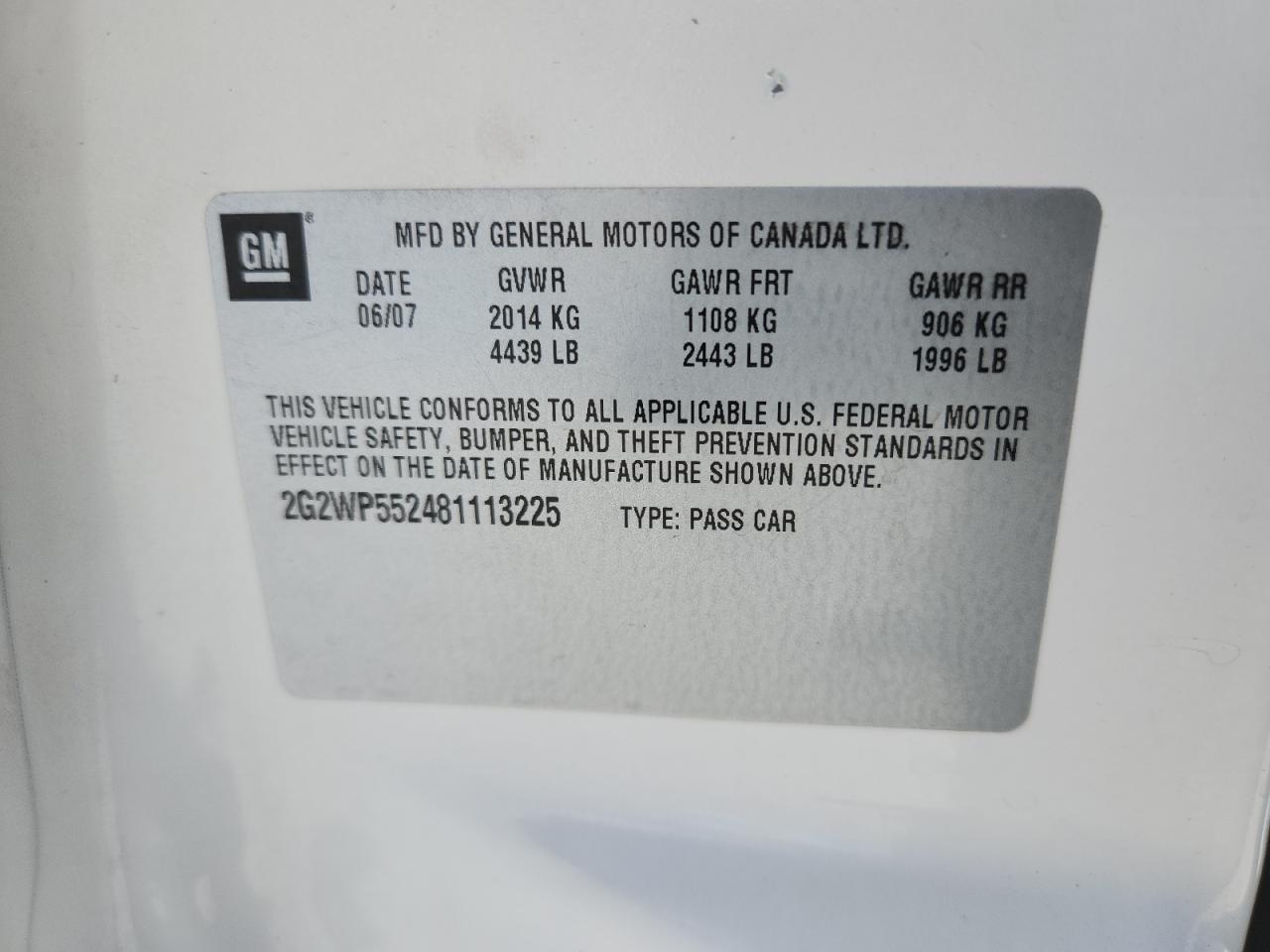 2008 Pontiac Grand Prix VIN: 2G2WP552481113225 Lot: 62019925