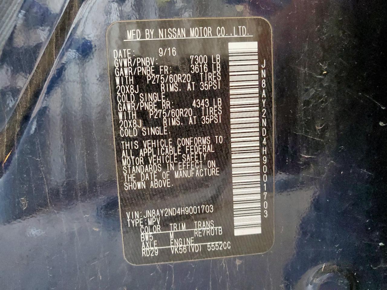2017 Nissan Armada Sv VIN: JN8AY2ND4H9001703 Lot: 61294135