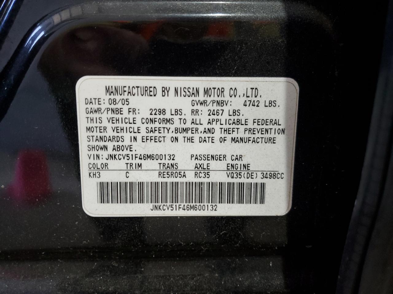 2006 Infiniti G35 VIN: JNKCV51F46M600132 Lot: 62906845