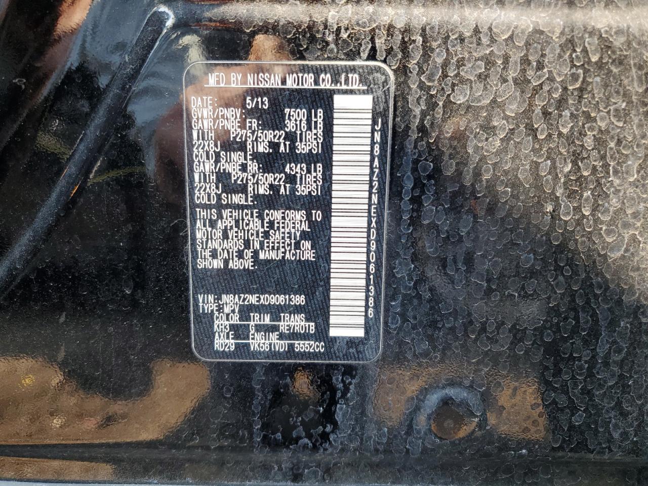 2013 Infiniti Qx56 VIN: JN8AZ2NEXD9061386 Lot: 58791605