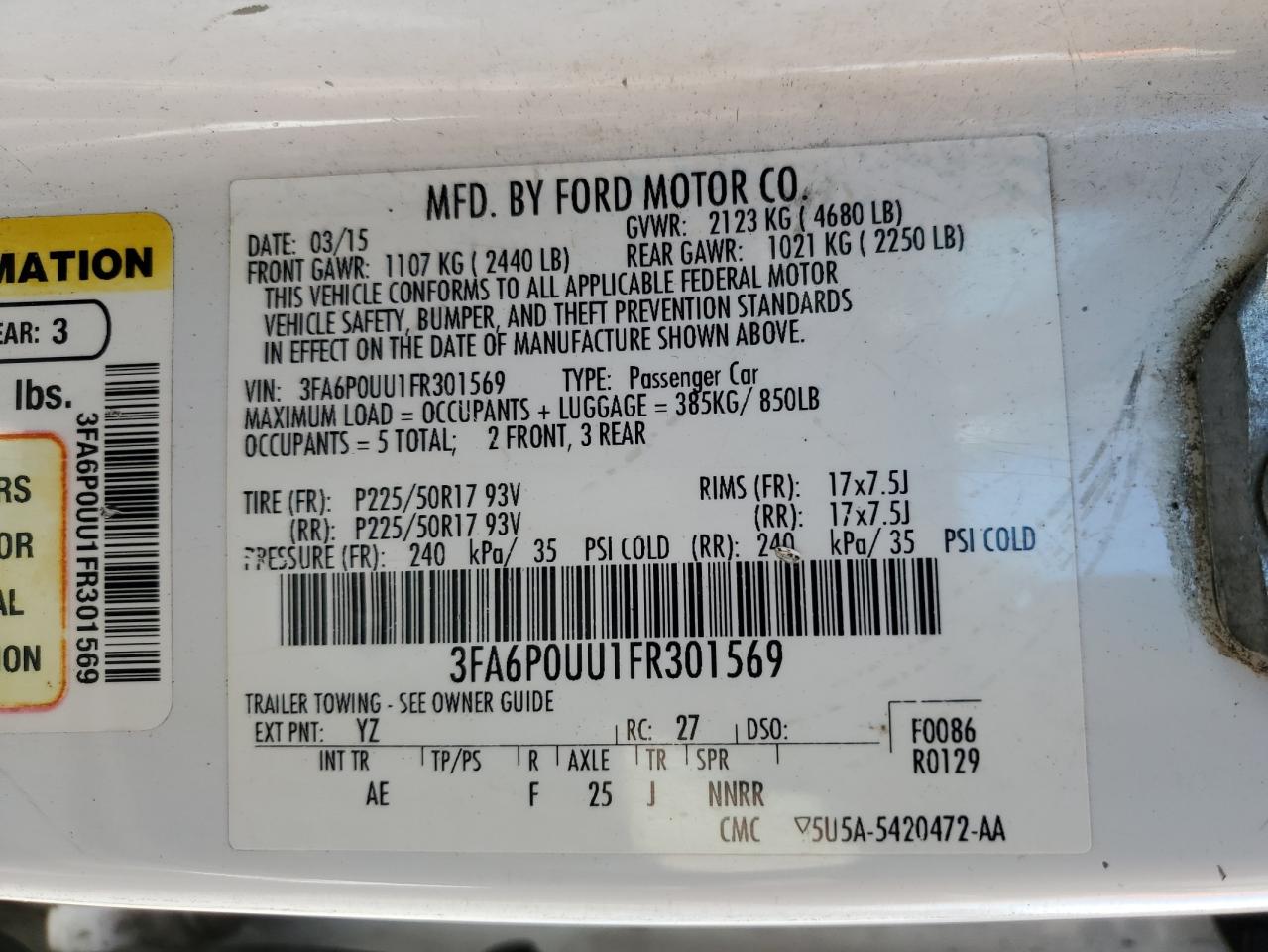 FORD FUSION 2015 VIN 3FA6P0UU1FR301569 фото 12