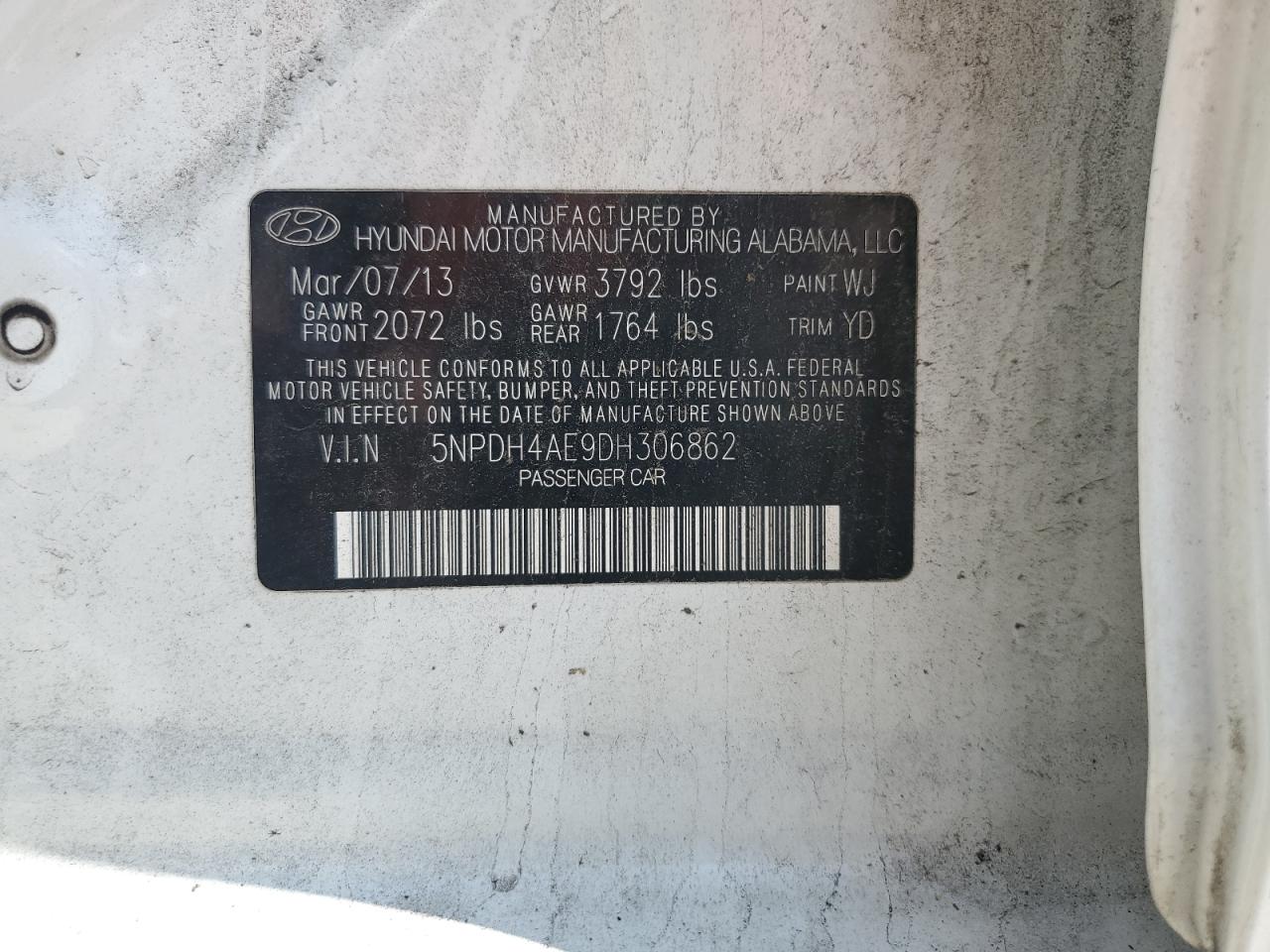 2013 Hyundai Elantra Gls VIN: 5NPDH4AE9DH306862 Lot: 61288875