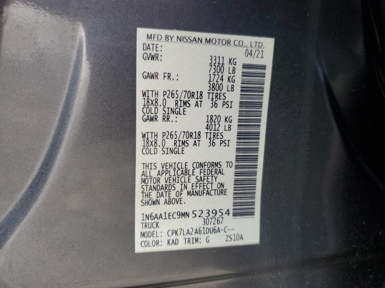 2021 Nissan Titan S VIN: 1N6AA1EC9MN523954 Lot: 59021365