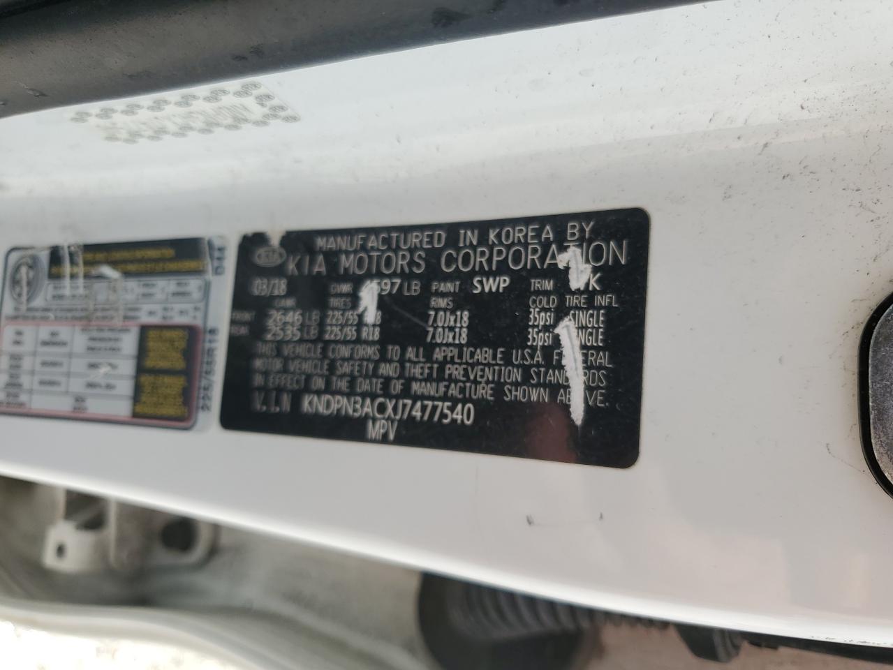 2018 Kia Sportage Ex VIN: KNDPN3ACXJ7477540 Lot: 62860005