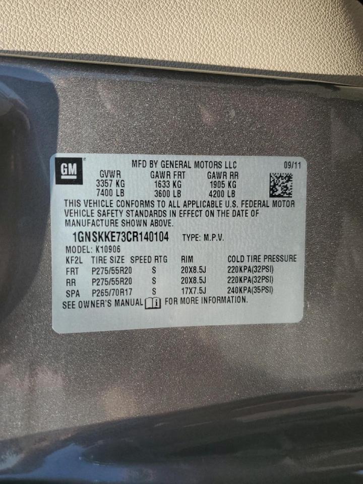 2012 Chevrolet Suburban K1500 Ltz VIN: 1GNSKKE73CR140104 Lot: 62504165