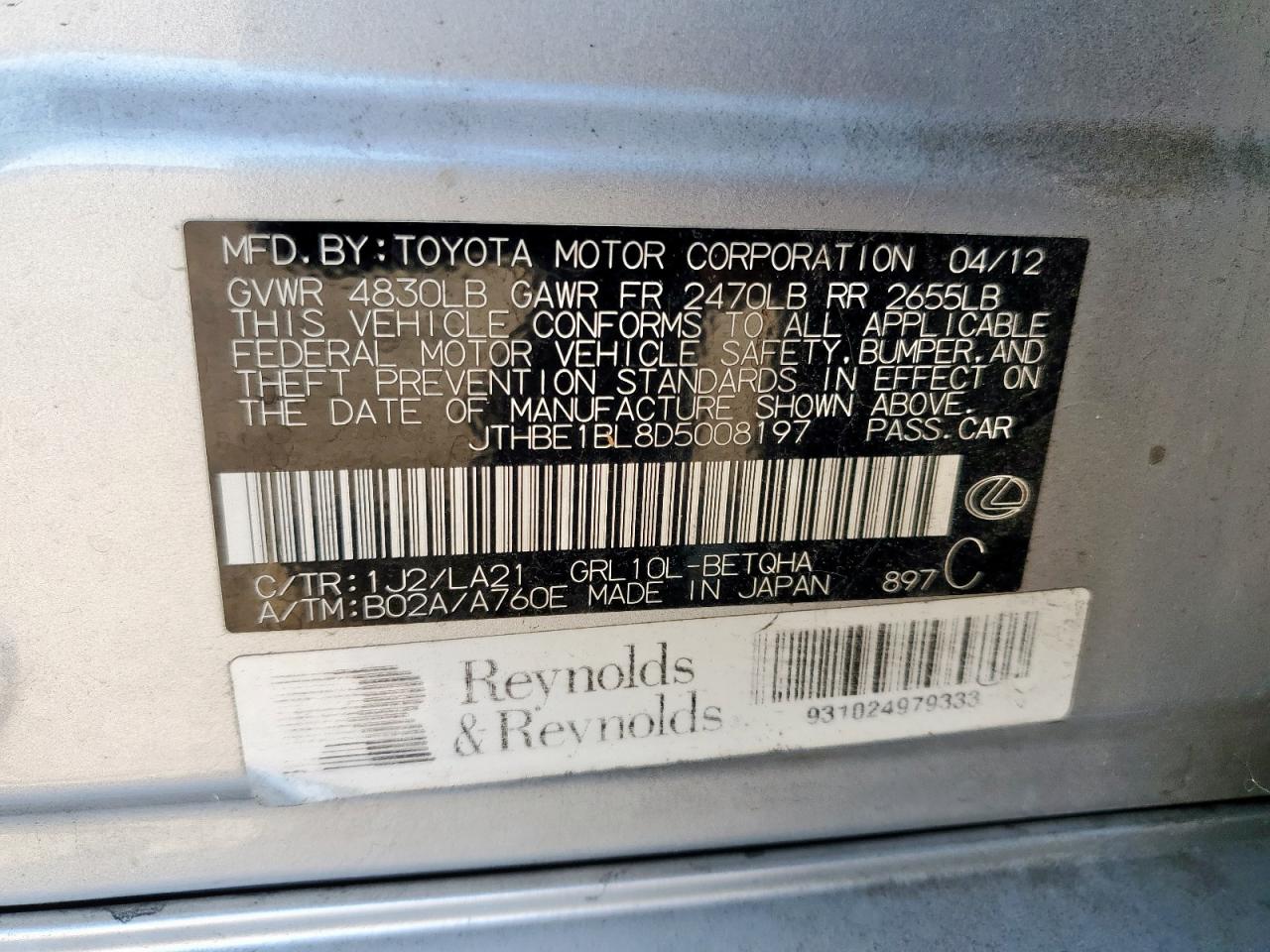 2013 Lexus Gs 350 VIN: JTHBE1BL8D5008197 Lot: 61662725