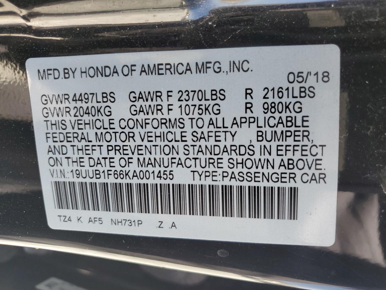 2019 Acura Tlx Technology VIN: 19UUB1F66KA001455 Lot: 62712005