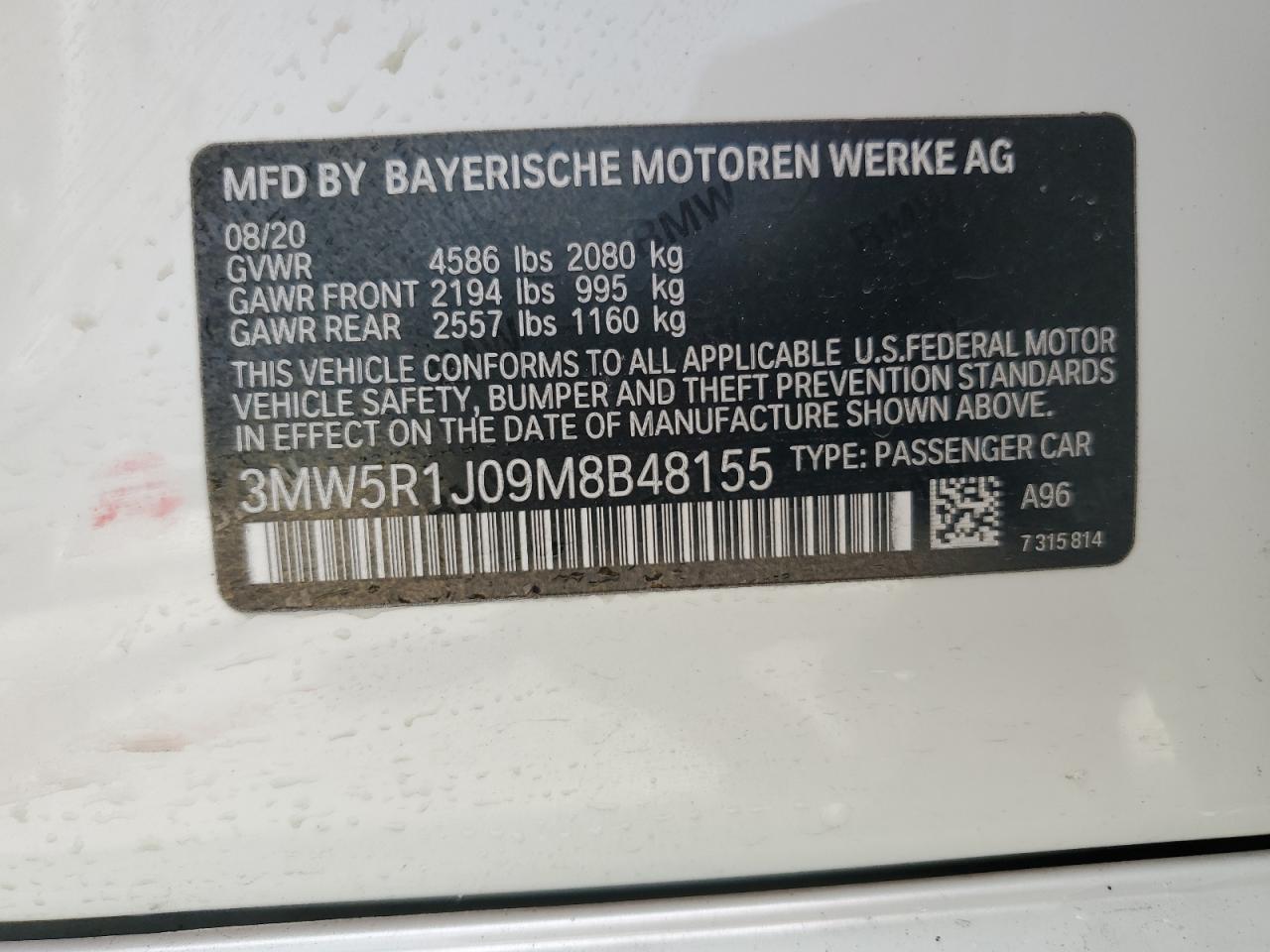 2021 BMW 330I VIN: 3MW5R1J09M8B48155 Lot: 62490865