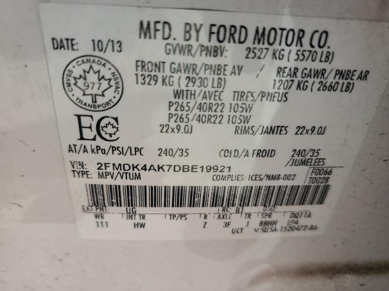 2013 Ford Edge Sport VIN: 2FMDK4AK7DBE19921 Lot: 61827685