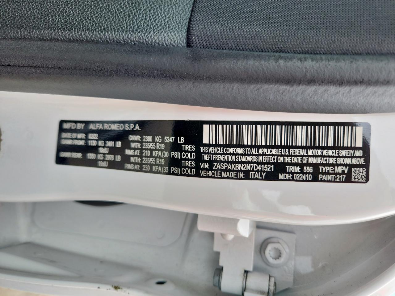 2022 Alfa Romeo Stelvio Ti VIN: ZASPAKBN2N7D41521 Lot: 60750825