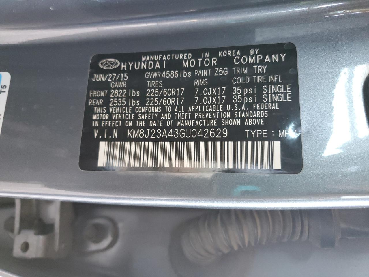 2016 Hyundai Tucson Se VIN: KM8J23A43GU042629 Lot: 62001945