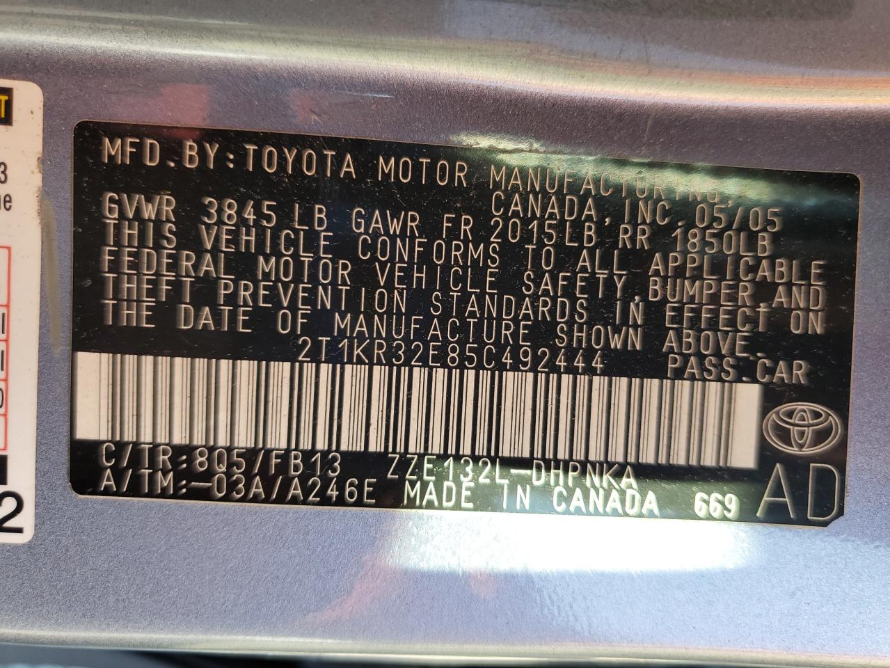 2005 Toyota Corolla Matrix Xr VIN: 2T1KR32E85C492444 Lot: 62606525