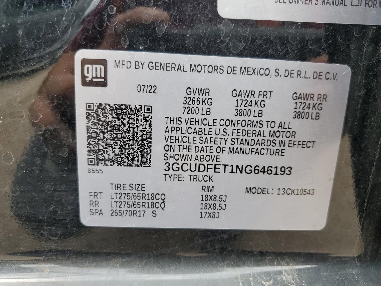 2022 Chevrolet Silverado K1500 Lt Trail Boss VIN: 3GCUDFET1NG646193 Lot: 62421255