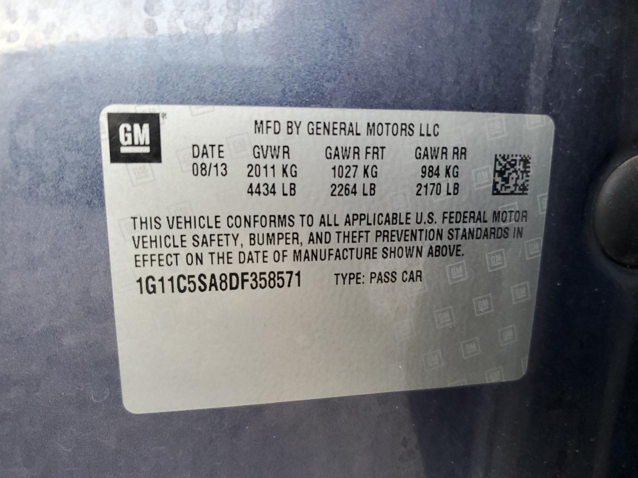 2013 Chevrolet Malibu 1Lt VIN: 1G11C5SA8DF358571 Lot: 61803285