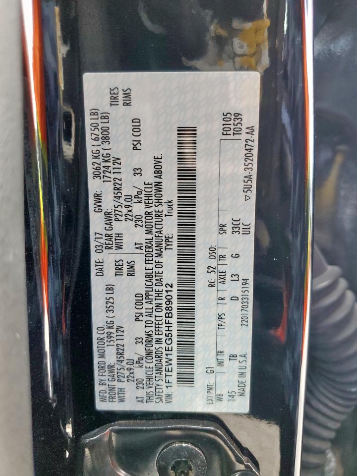 2017 Ford F150 Supercrew VIN: 1FTEW1EG5HFB89012 Lot: 62355385