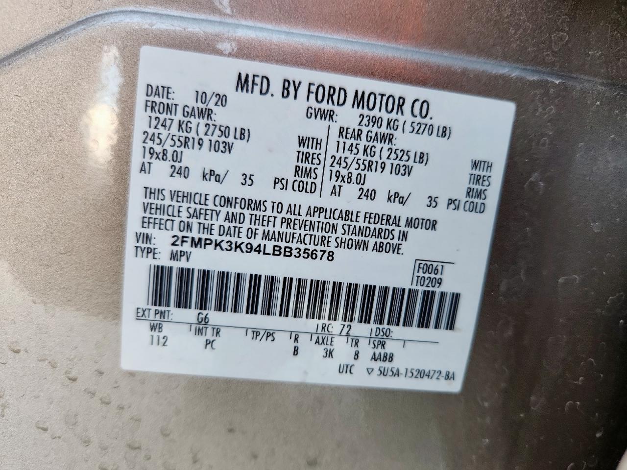 2020 Ford Edge Titanium VIN: 2FMPK3K94LBB35678 Lot: 62855435