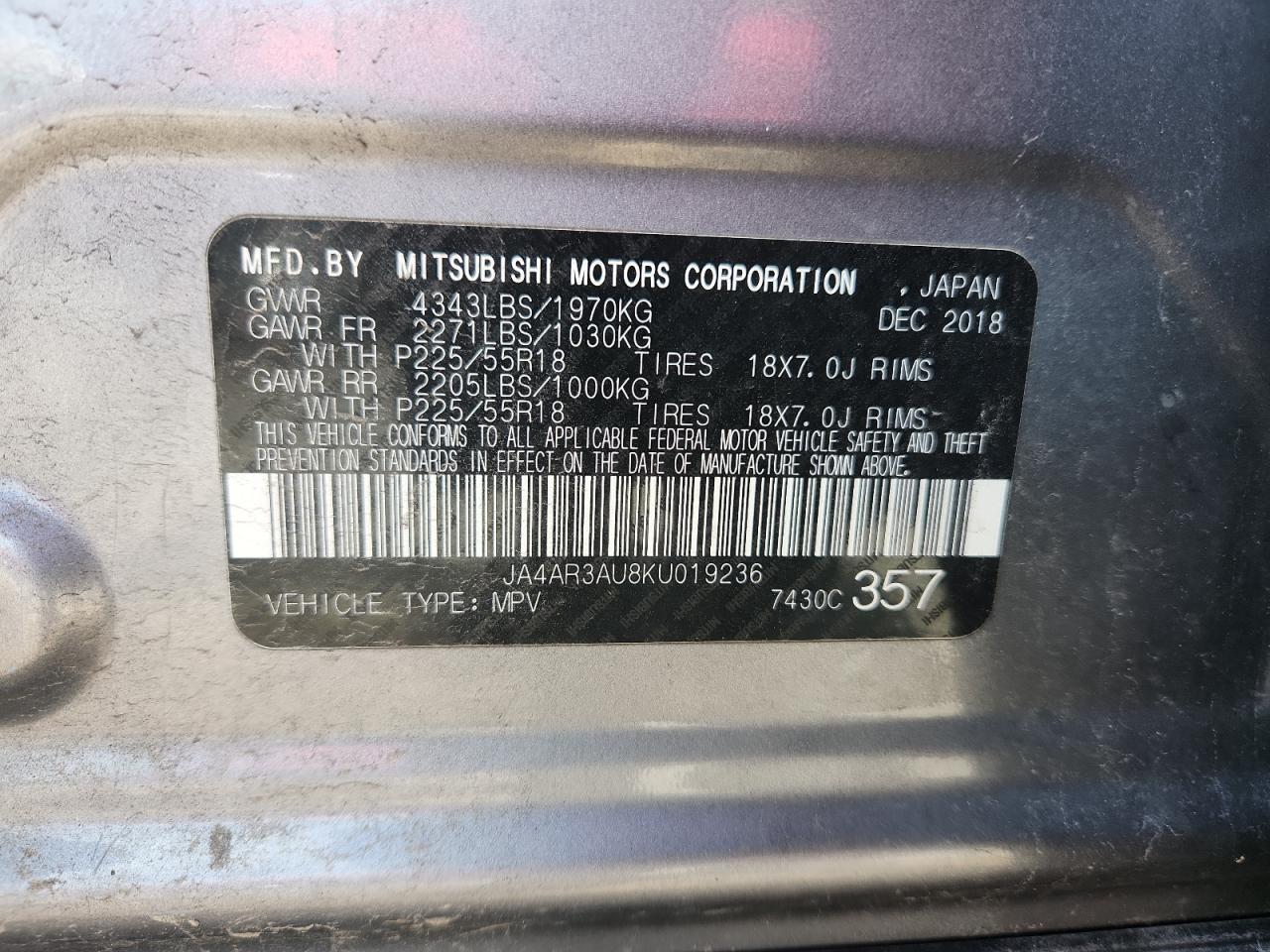 2019 Mitsubishi Outlander Sport Es VIN: JA4AR3AU8KU019236 Lot: 61816985